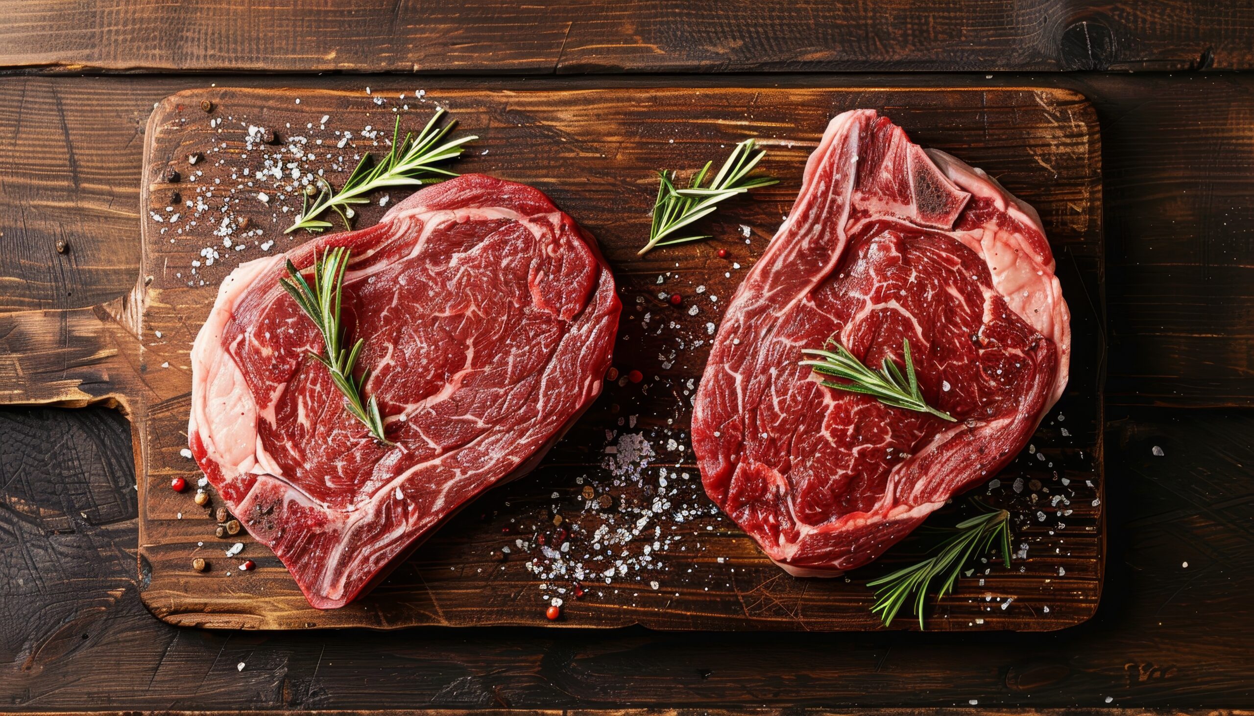 Fresh cuts of ribeye steak on a wooden cutting board, garnished with rosemary and sprinkled with sea salt and peppercorns, ideal for grilling or roasting.