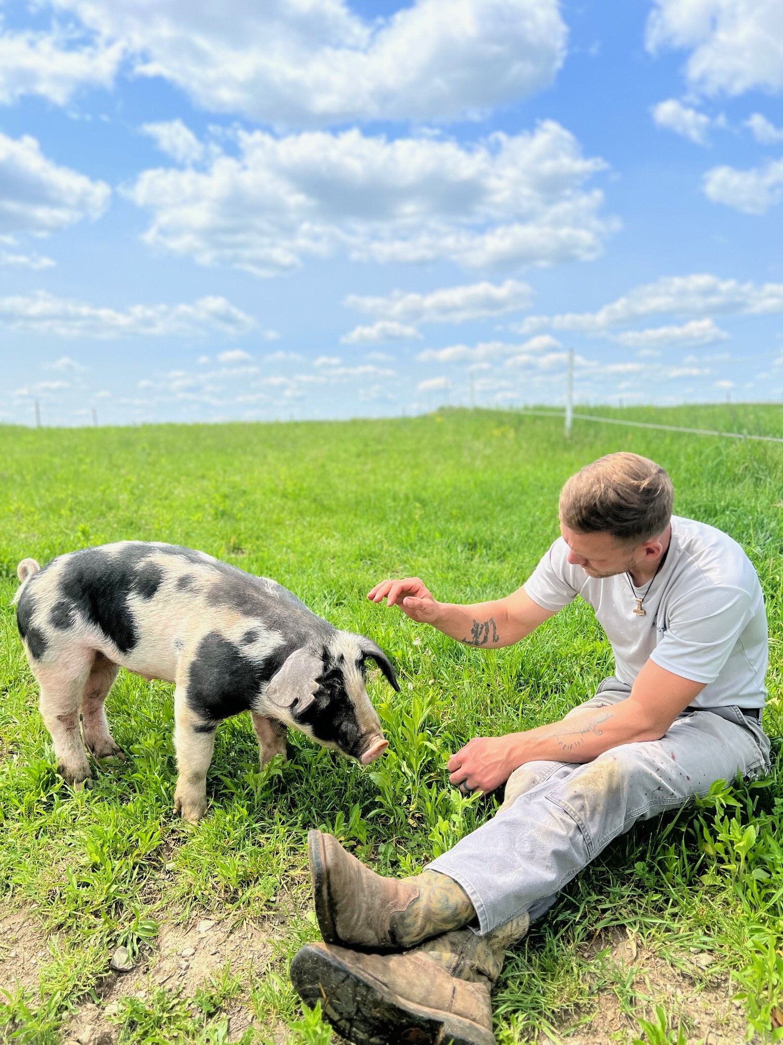 A farmer interacts with a curious pig in a lush green field under a bright blue sky with fluffy clouds, showcasing the bond between humans and animals in agriculture.